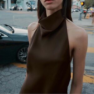 Elegant Satin Brown Backless Halter Top